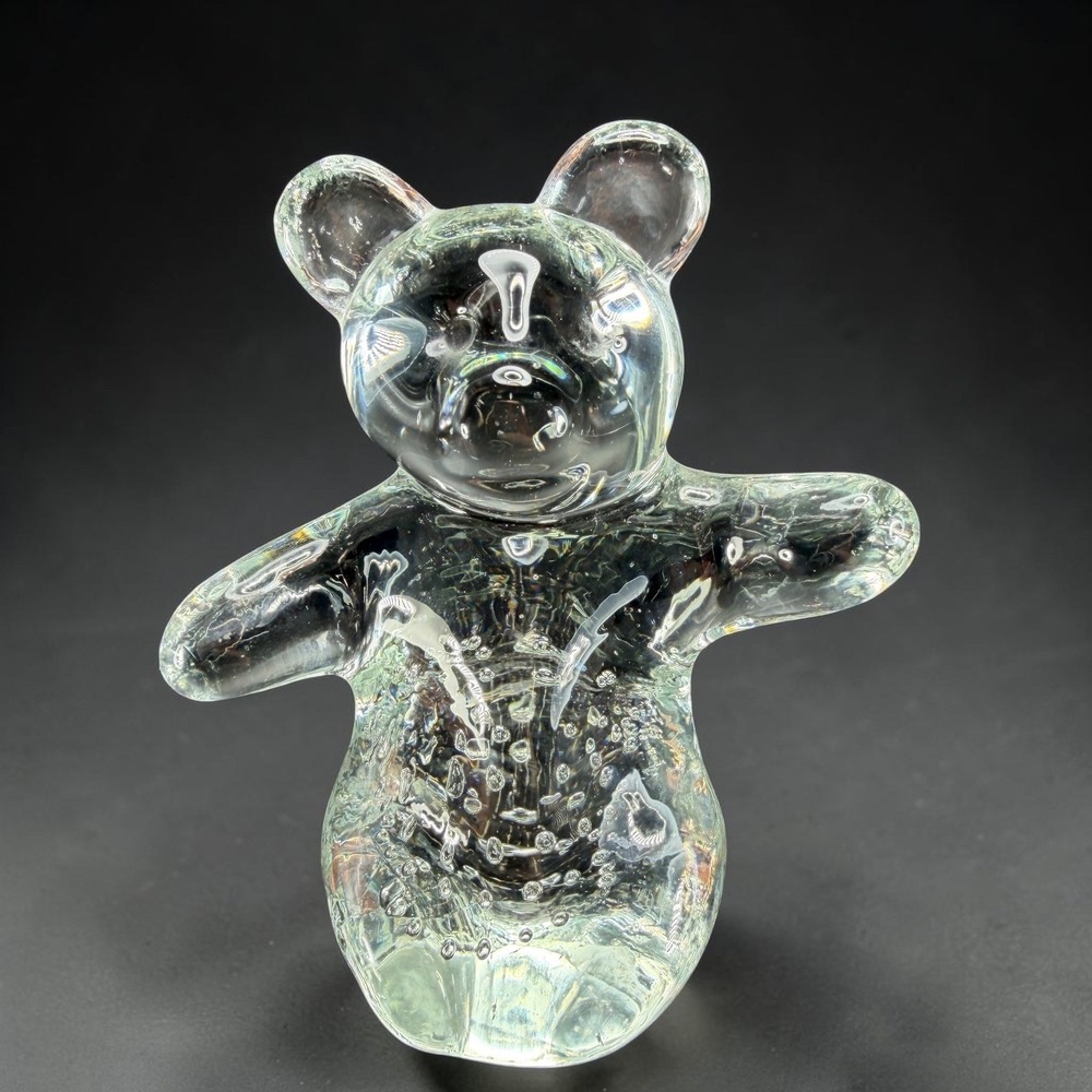 Art Glass Teddy Bear Figurine‎ Controlled Bubble Bullicante Clear Paperweight 4"
